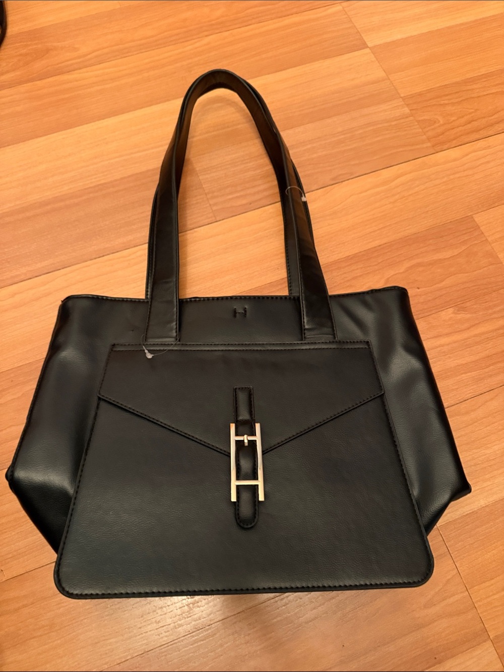 Halston Black Leather Top-Handle Tote with Gold Buckle